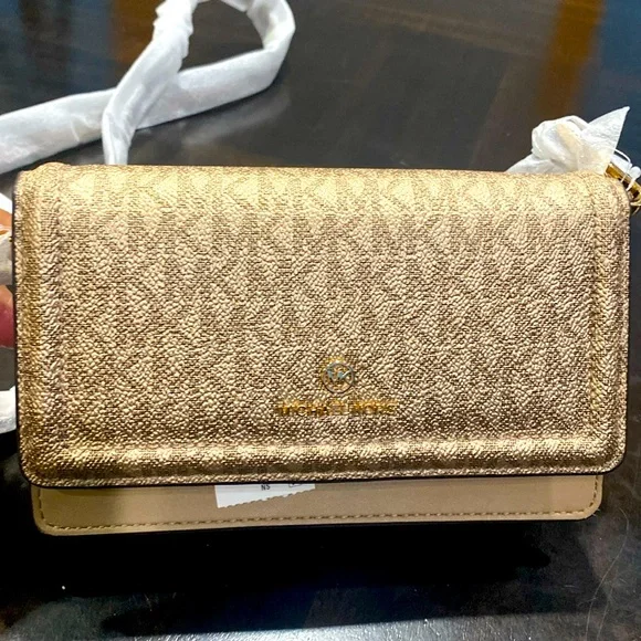 Michael Kors Metallic Signature Logo Jet Set Charm Small Phone Crossbody - Picture 1 of 15